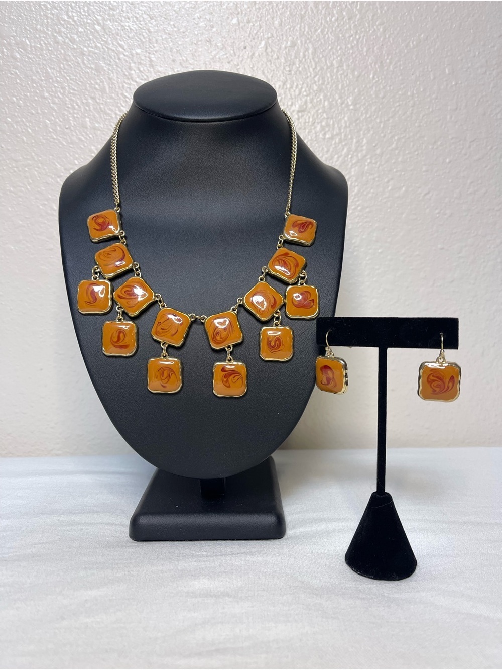 Vintage Acrylic Amber Tile Statement Necklace and Earring Set - Orange Swirl